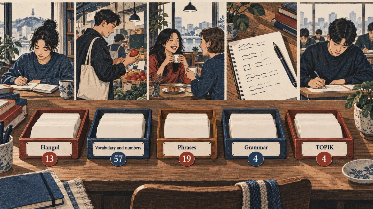 Five card trays show deck families: Hangul 13, vocabulary and numbers 57, phrases 19, grammar 4, TOPIK 4.