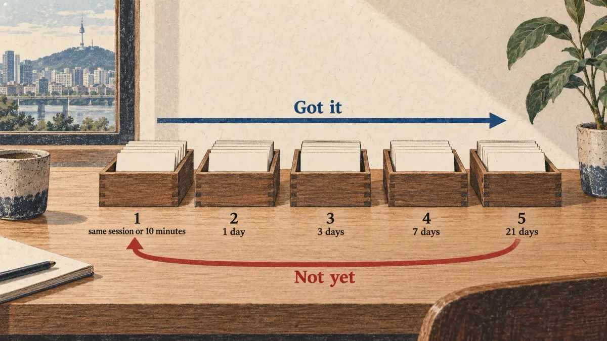 Five Leitner boxes show review waits from 10 minutes to 21 days, with Got it and Not yet arrows.