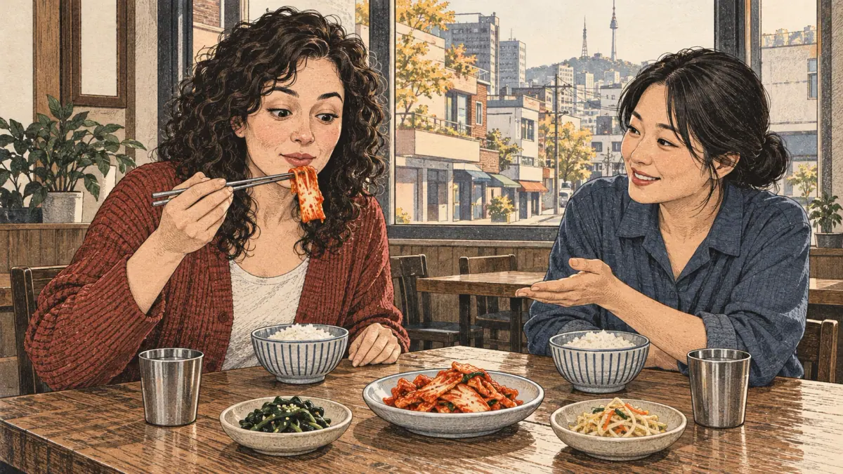 A learner tries kimchi while a Korean friend watches encouragingly at a Seoul restaurant.