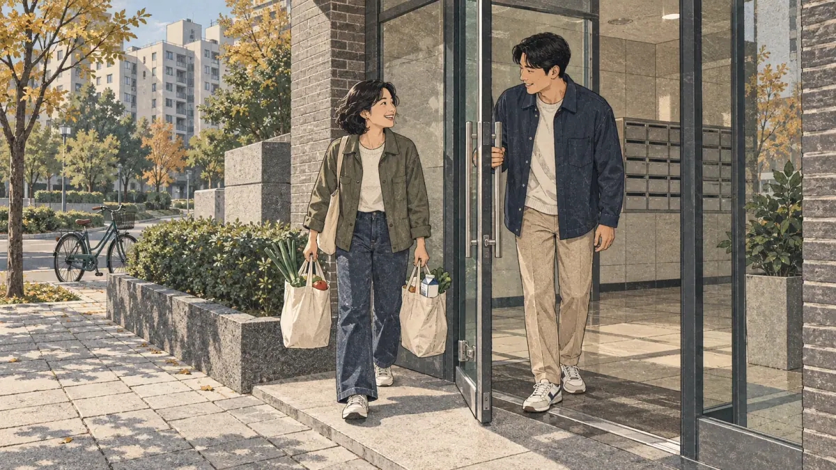 A man opens an apartment entrance door for a friend carrying groceries in Seoul.