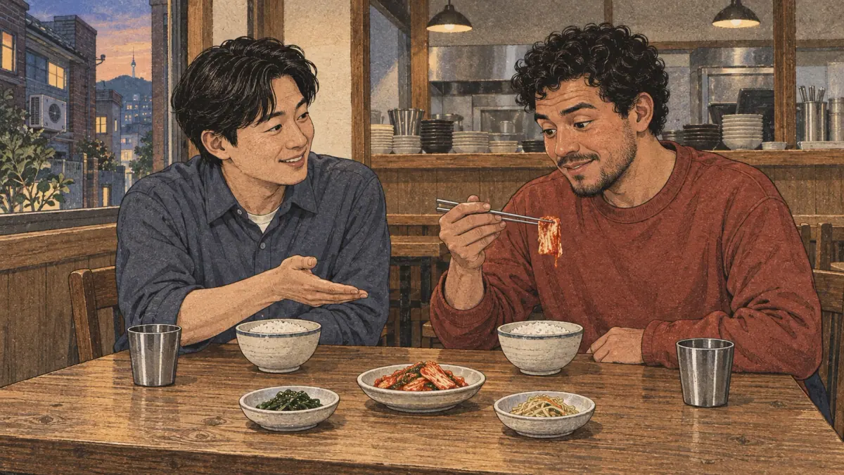 An adult learner tries kimchi with encouragement from a Korean friend in a Seoul restaurant.