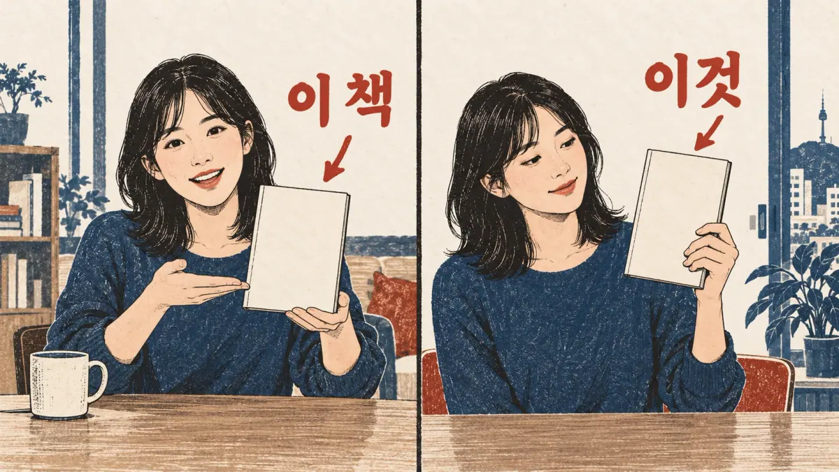 A learner shows a book: 이 책 before a noun and 이것 as a standalone thing.