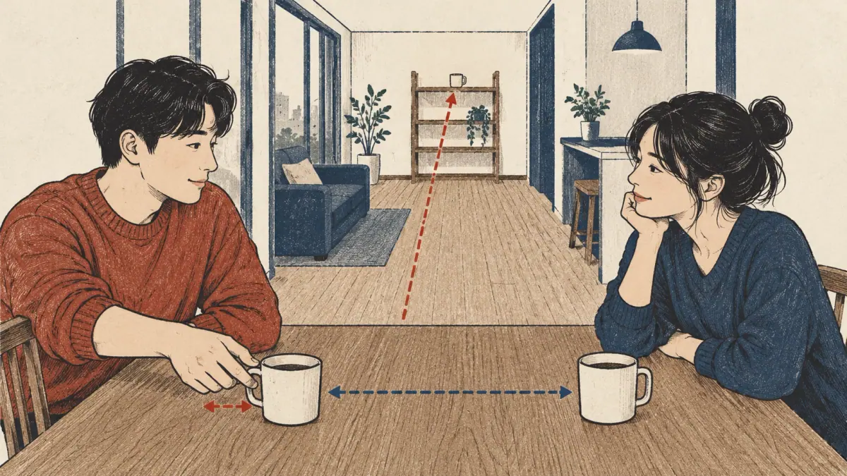 Three cups sit beside the speaker, beside the listener and far from both.