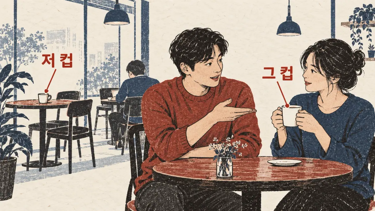 그 컵 labels the listener's cup; 저 컵 labels a cup far from both cafe friends.