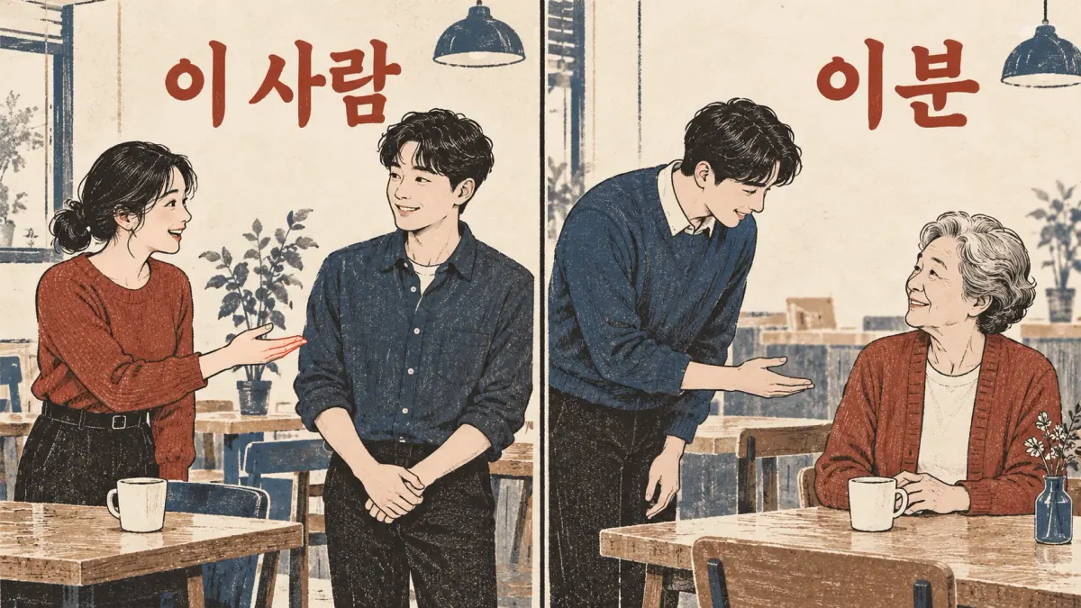 이 사람 labels an adult peer; 이분 labels an elder introduced respectfully.