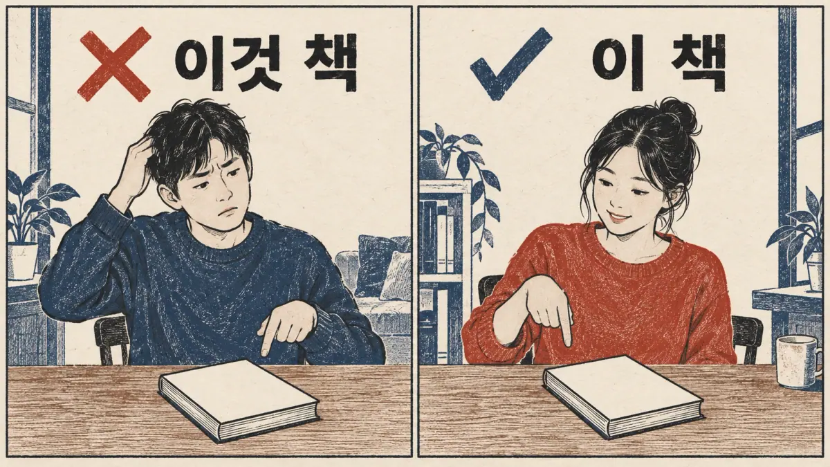 A wrong 이것 책 is crossed out beside the correct book phrase 이 책.