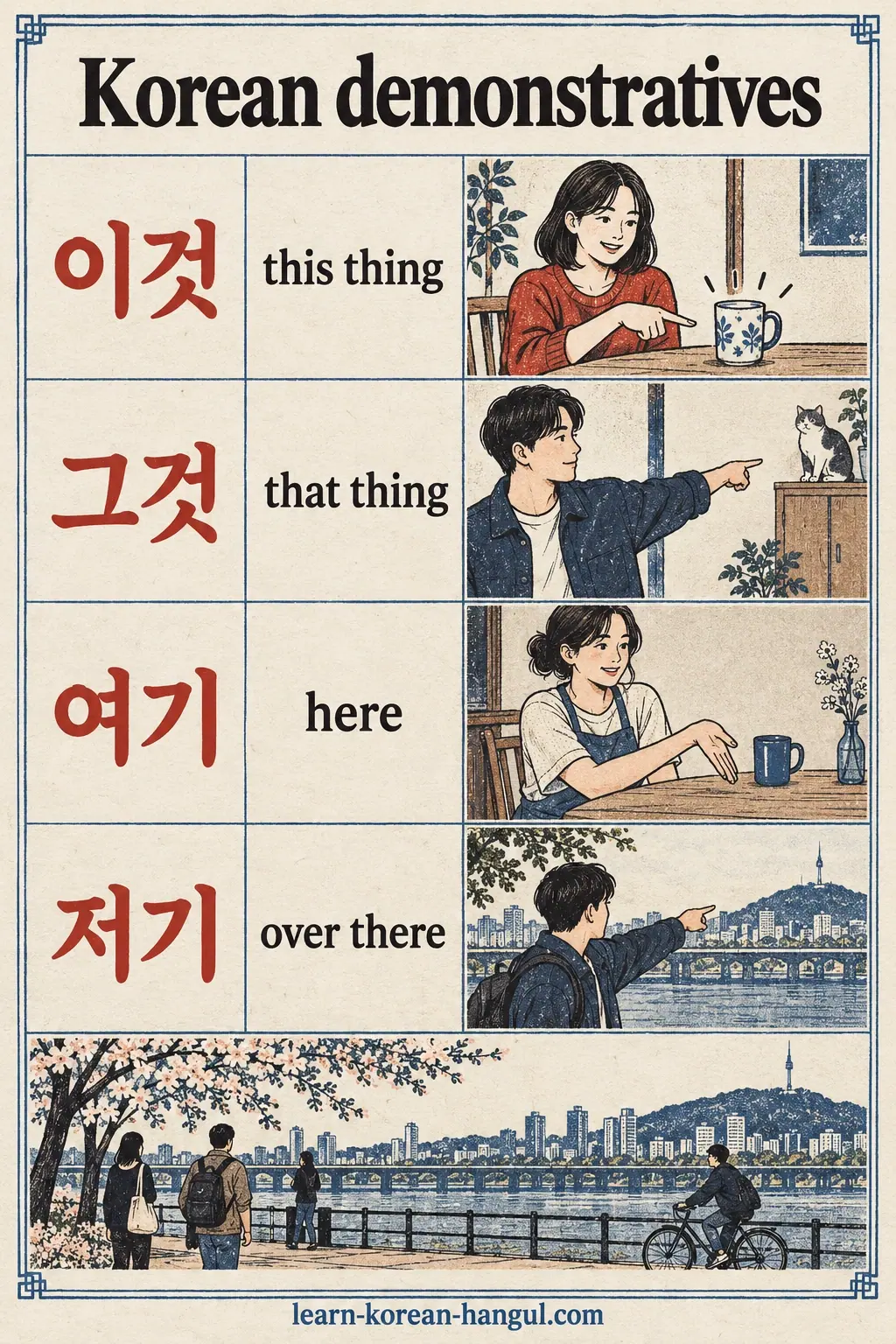 Illustrated rows show 이것 (this thing), 그것 (that thing), 여기 (here) and 저기 (over there).