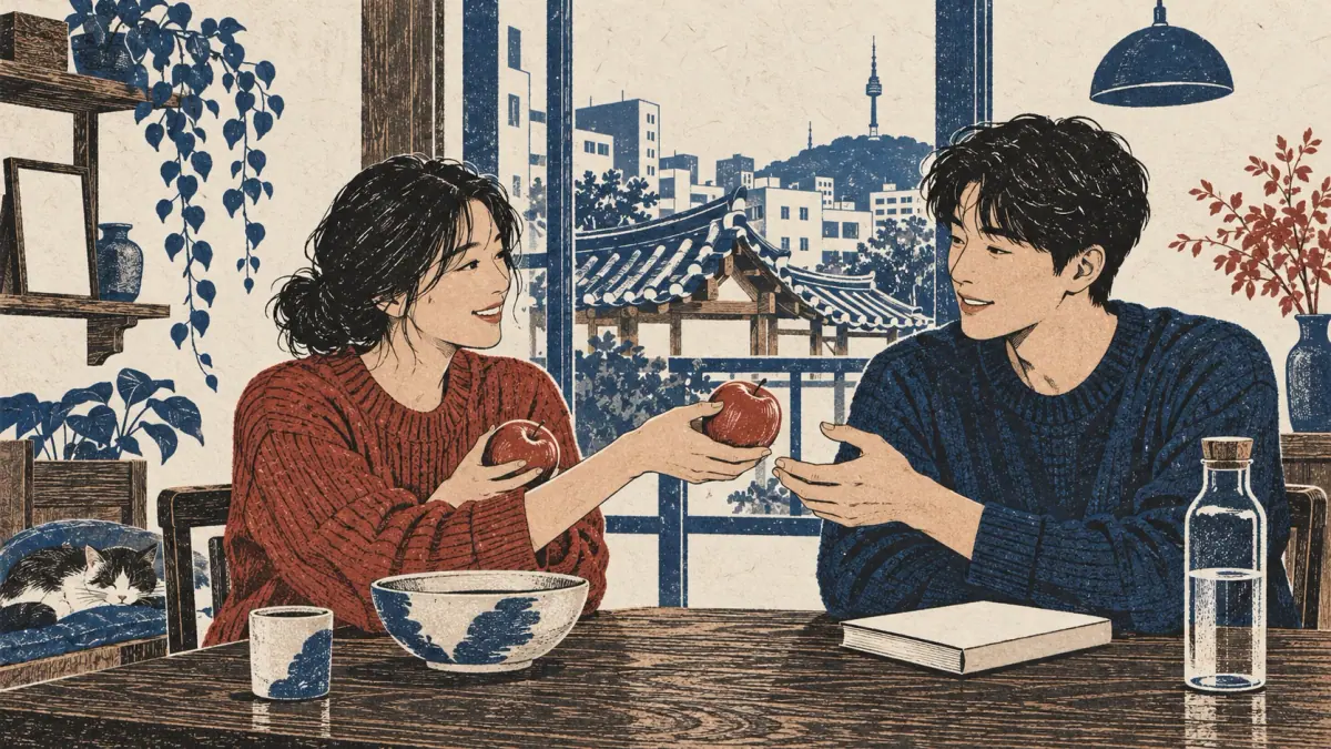 Two Korean friends exchange apples at a table with a blank book and water bottle overlooking Seoul.