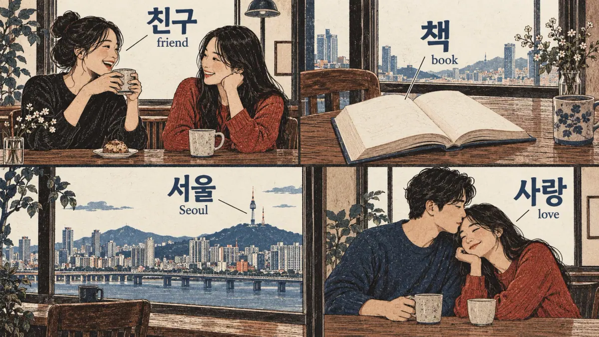 Four labelled vignettes: 친구 friend, 책 book, 서울 Seoul, 사랑 love.