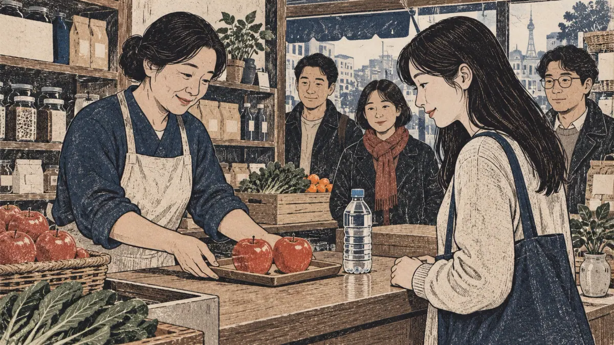 A shopkeeper gives two apples to an adult learner beside one water bottle, showing quantities through objects.