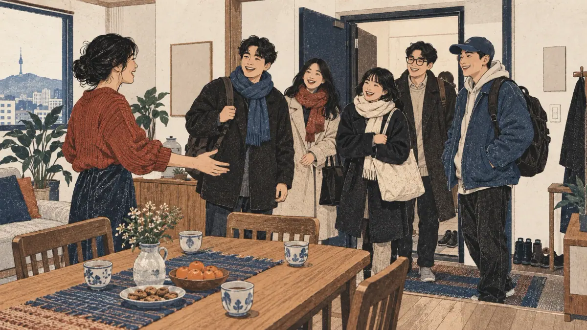 An adult welcomes five friends into a Seoul apartment, making the idea of many friends visible.