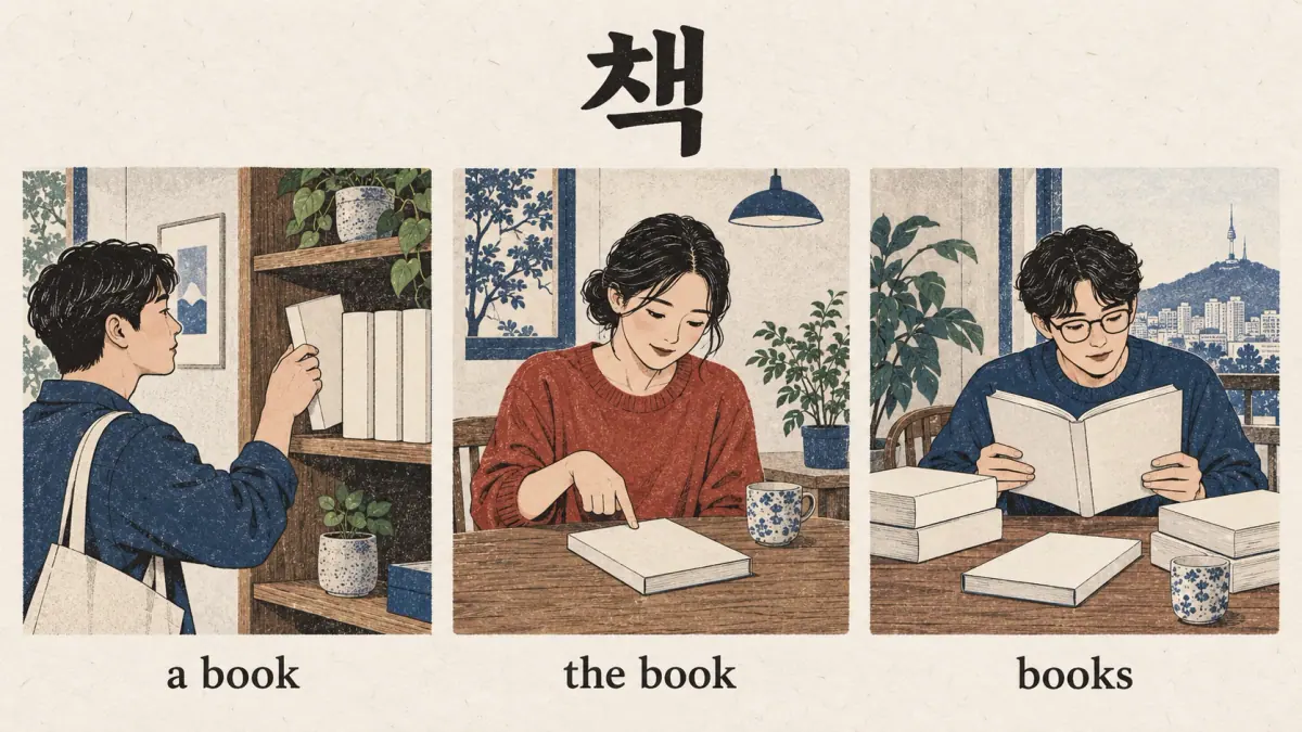 책 appears above three illustrated contexts: a book, the book, books.