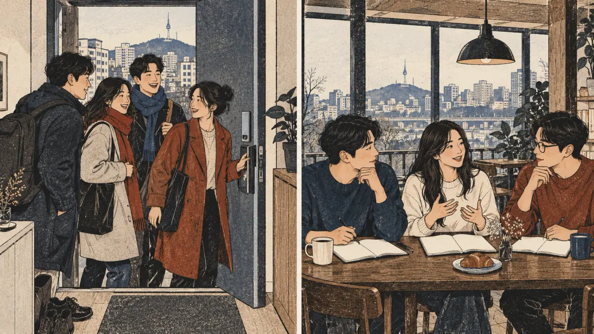 A group of friends arrives together, beside a separate scene of three students seated at a café table.