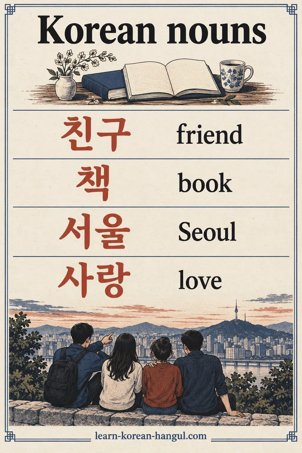 Korean nouns cheat sheet: 친구 friend, 책 book, 서울 Seoul and 사랑 love.