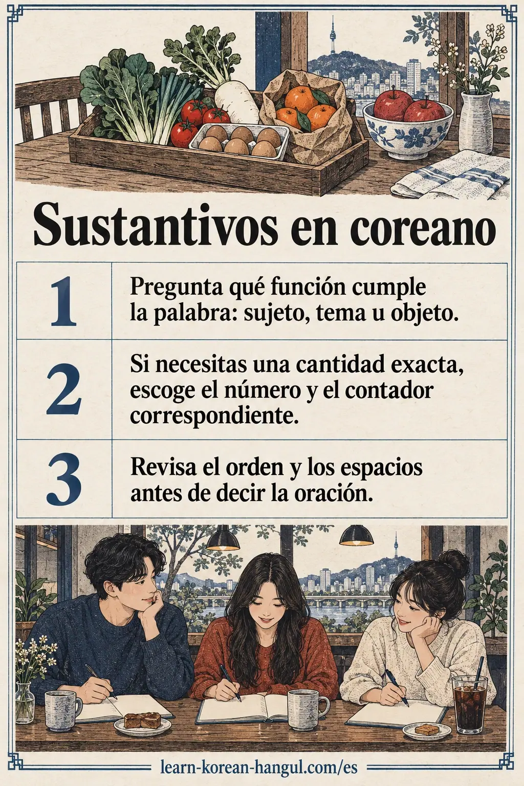Tres pasos para usar sustantivos coreanos: función, cantidad y revisión del orden y los espacios.