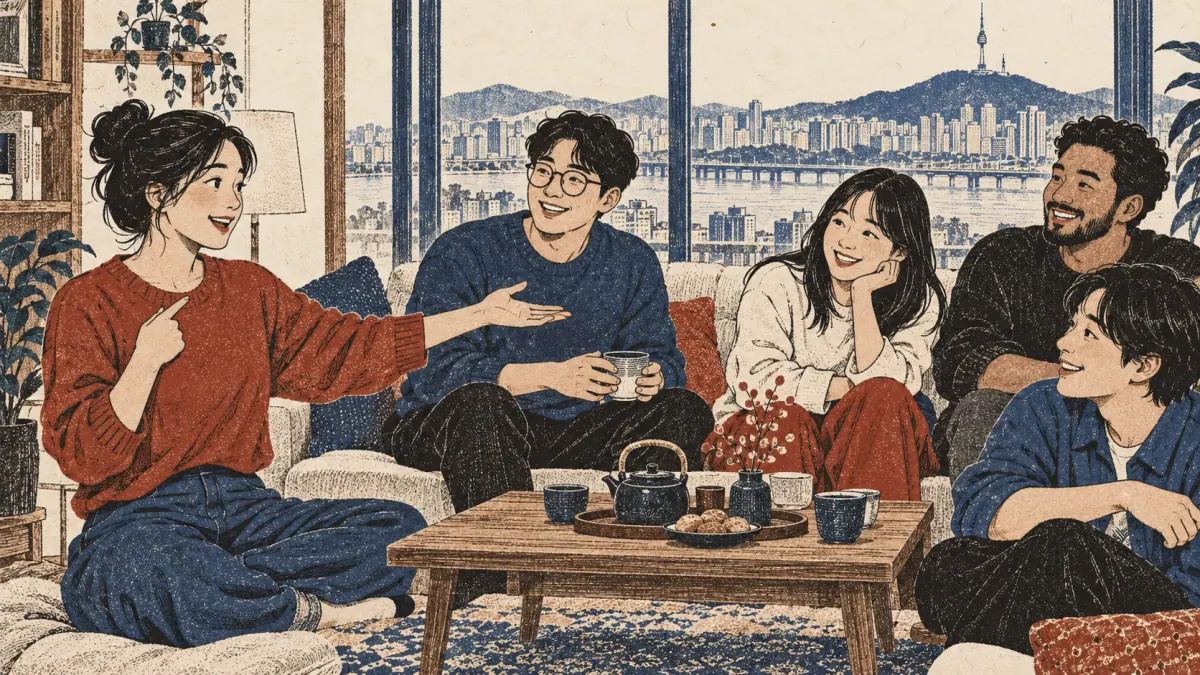 A learner gestures to herself and her group of friends.