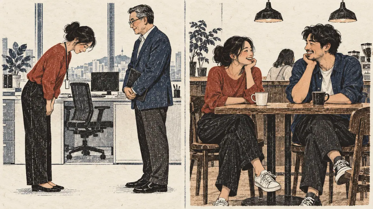 Polite office greeting beside relaxed conversation with a close friend.