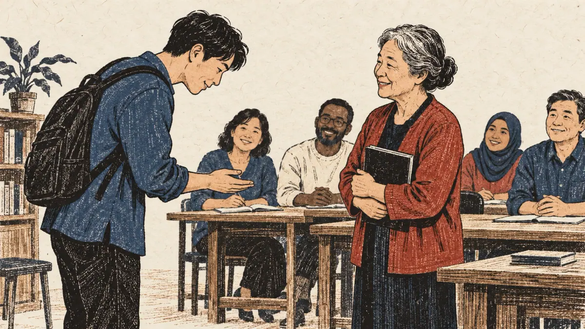 A learner greets a teacher respectfully in a community classroom.