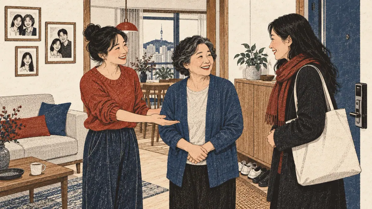 An adult introduces her mother to a friend in the family home.