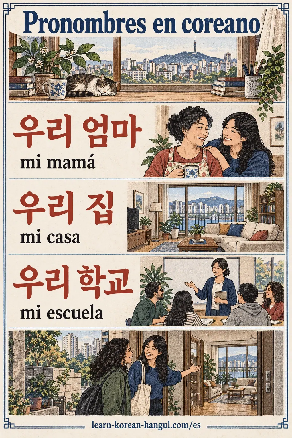 Relaciona 우리 엄마, 우리 집 y 우리 학교 con mi mamá, mi casa y mi escuela.