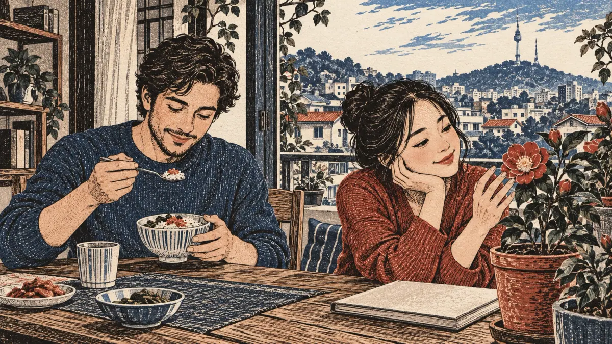 A learner eats rice while another admires a pretty flower, contrasting Korean action and descriptive verbs.
