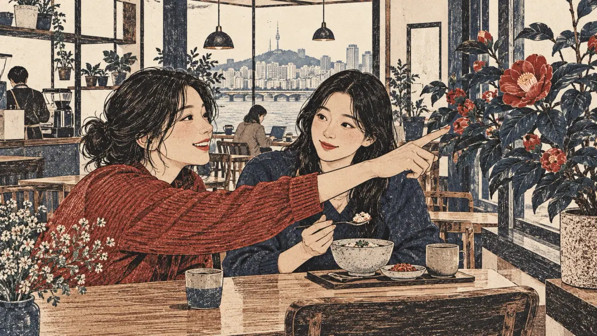 A learner admires a flower while a friend eats, contrasting a descriptive state with an action.
