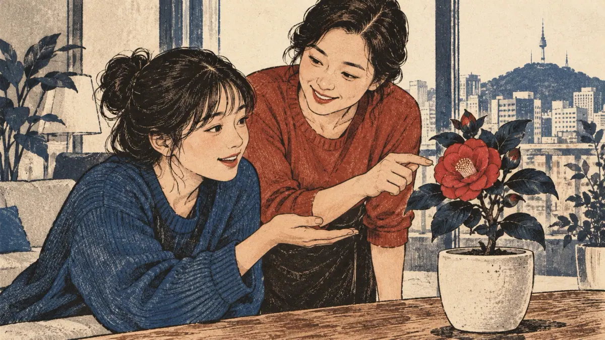 Two adults point to and describe a flower, grounding the lesson's worked example.