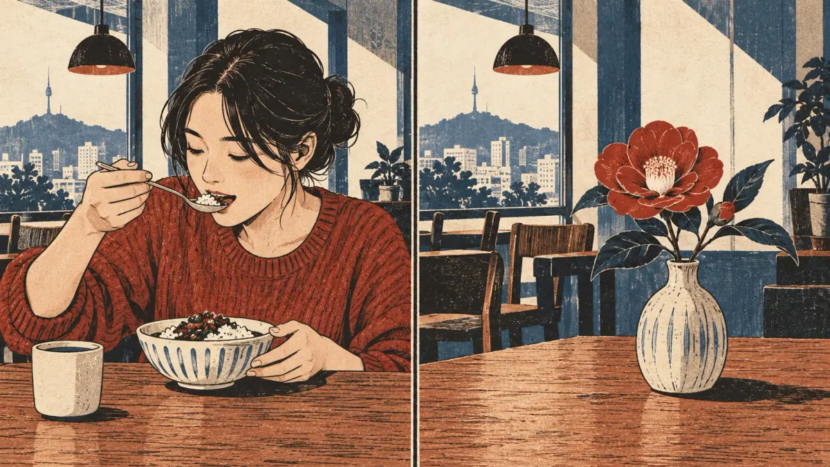 An eating person and a pretty flower contrast an action with a descriptive state.