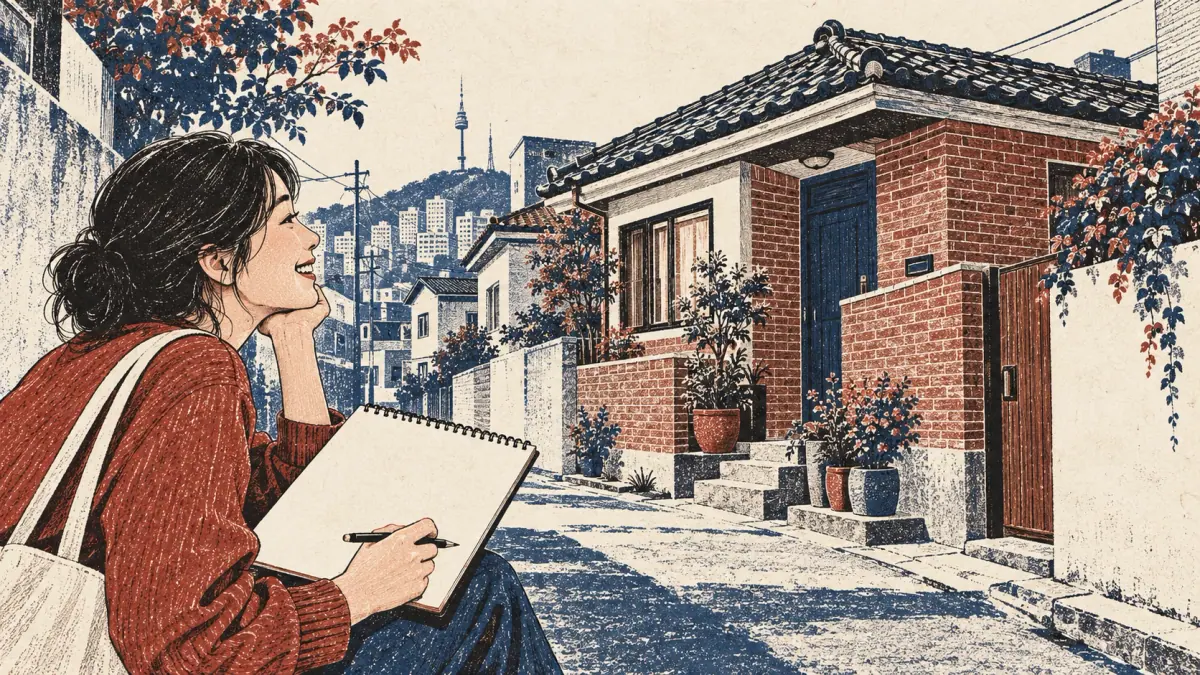 A learner admires a small Seoul house, visualizing the translation practice.