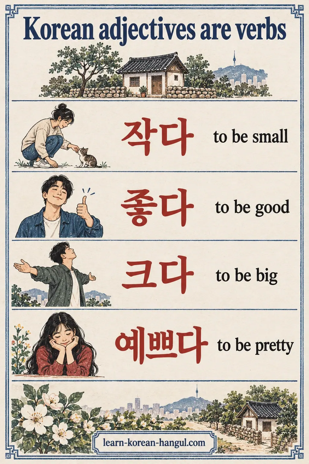 Dictionary words 작다, 좋다, 크다 and 예쁘다 beside a flower and house.
