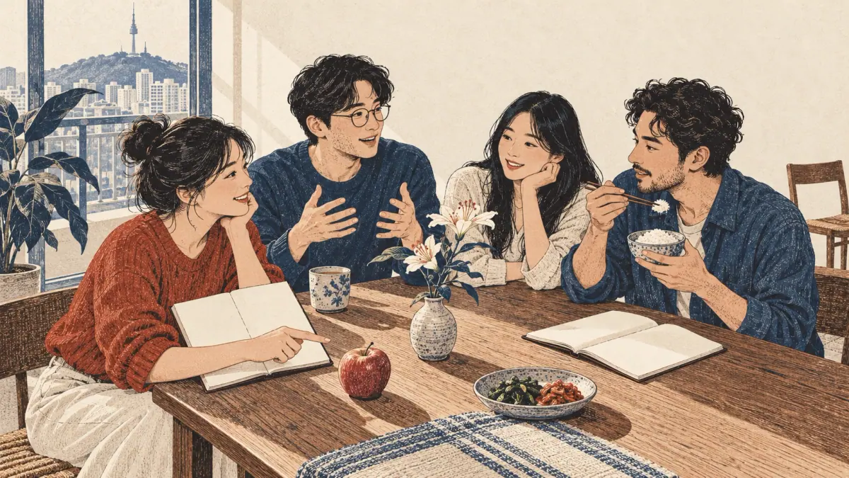Adult friends discuss a flower and an apple while another eats rice at a Seoul study table.