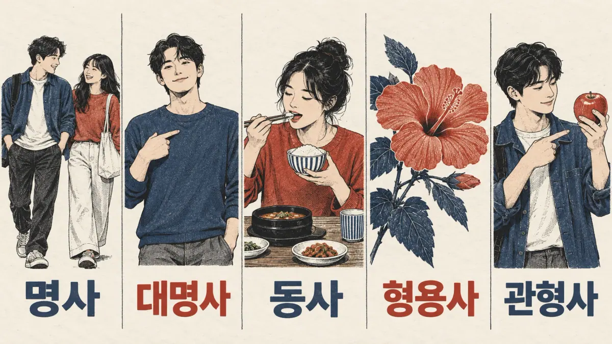 Five illustrated word classes labelled 명사, 대명사, 동사, 형용사 and 관형사.