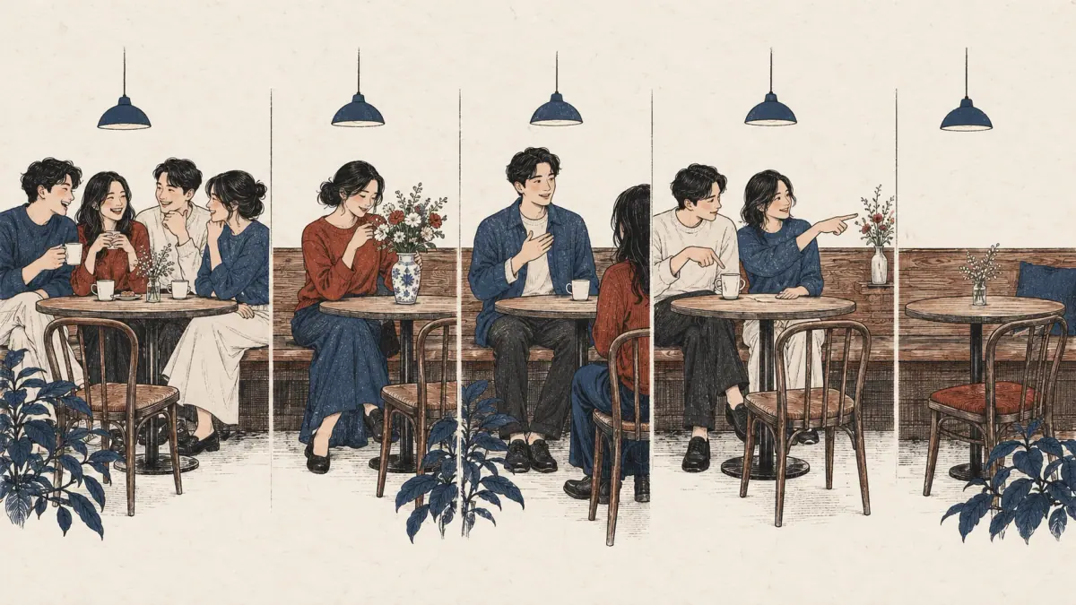 Five scenes show friends, a pretty flower, a self-introduction, a pointing gesture and an empty place.