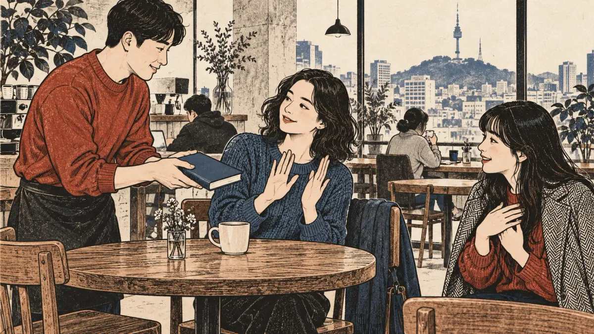 A learner politely explains that a café book belongs to someone else.