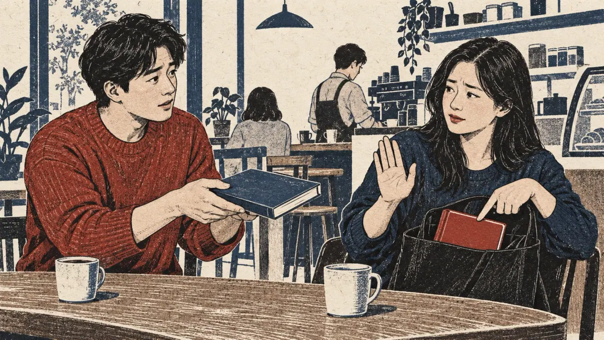 A café visitor distinguishes their own book from another person's book.