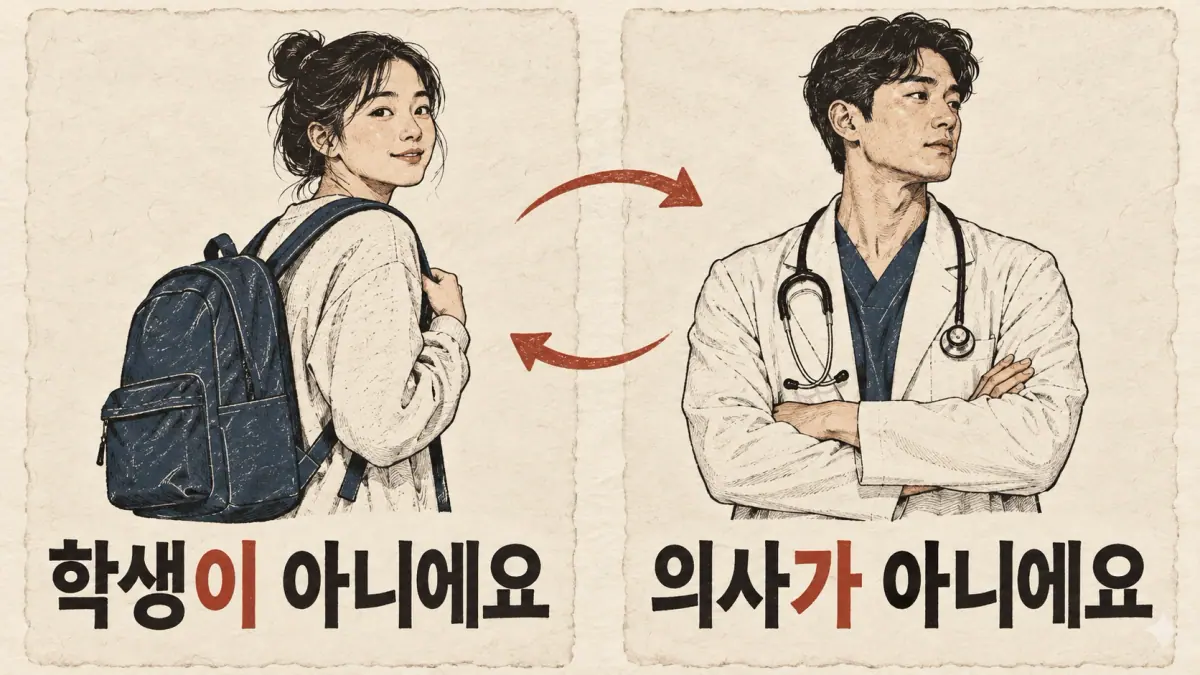 Two identity labels: 학생이 아니에요 and 의사가 아니에요, using different complement particles.