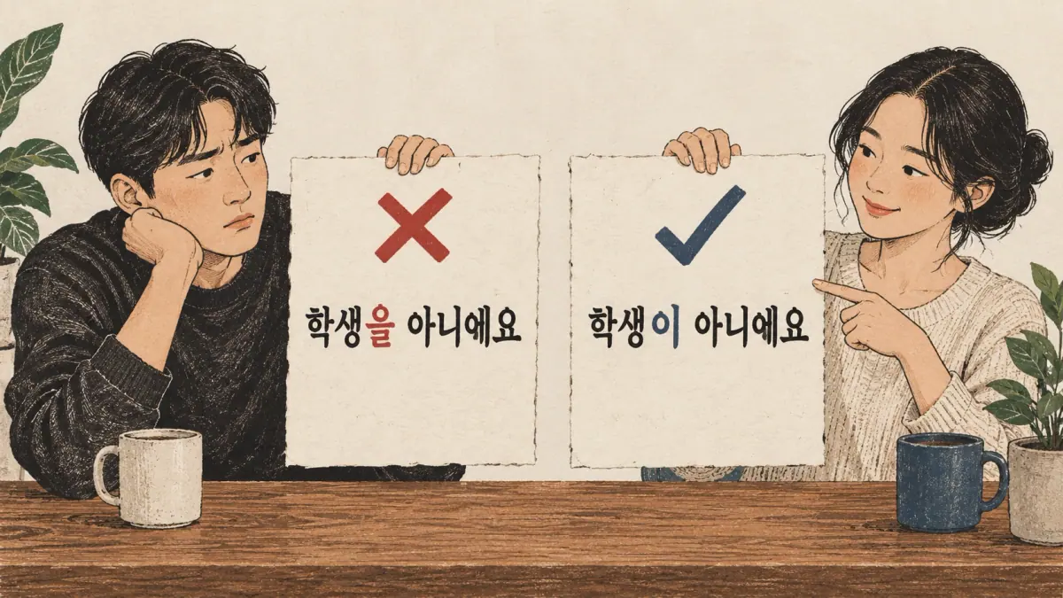 Wrong 학생을 아니에요 contrasts with correct 학생이 아니에요.
