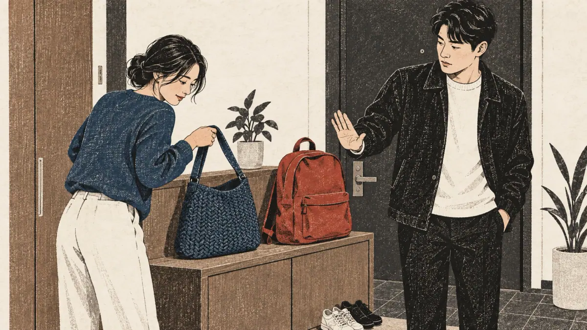 Two adults clarify which bag belongs to whom.