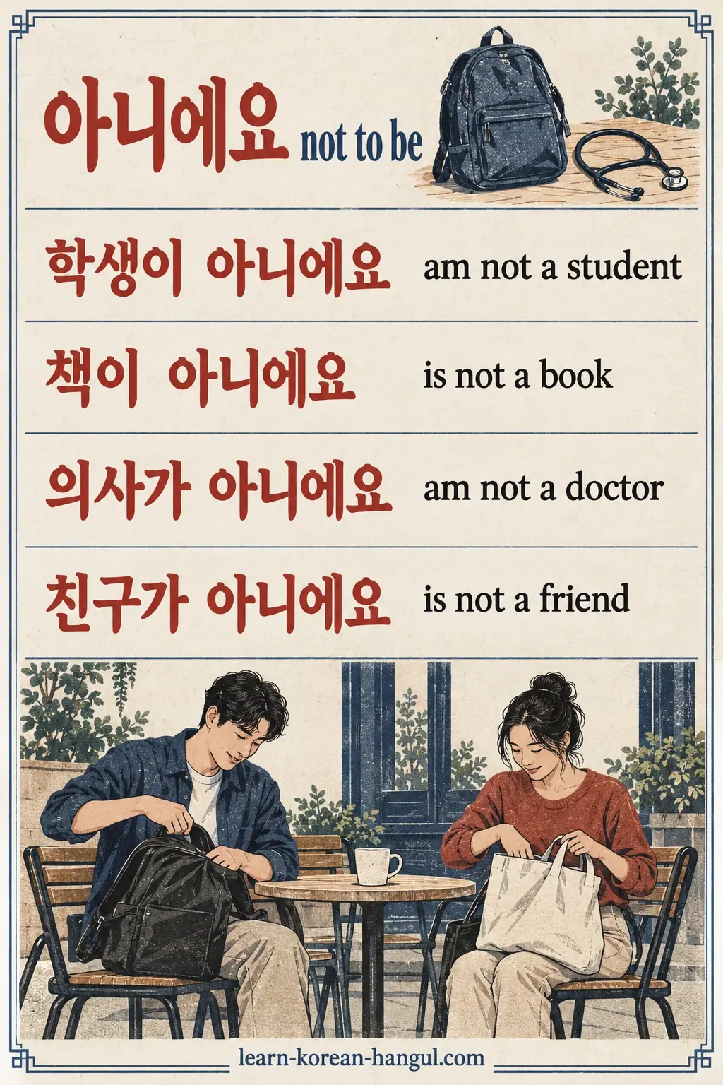 Four negative labels: 학생이 아니에요, 책이 아니에요, 의사가 아니에요 and 친구가 아니에요.