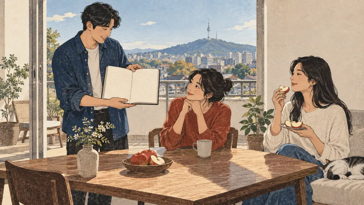 Adults share a book and eat an apple in a sunny Seoul apartment, illustrating identity, existence, quality and action.