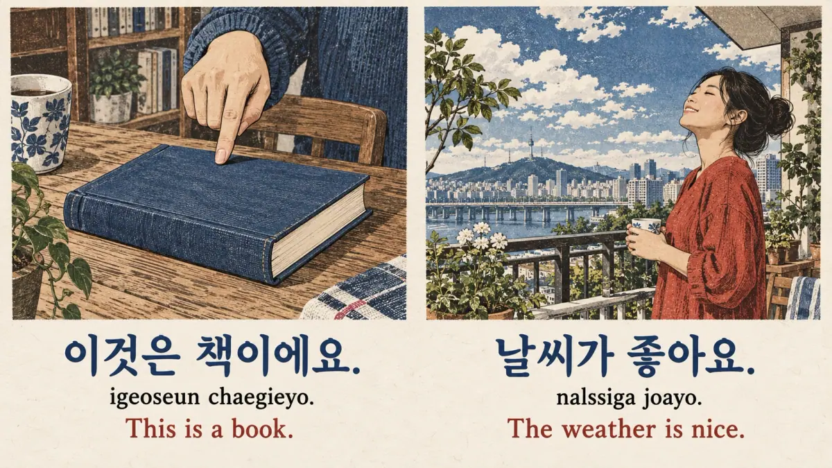 Book and sunny balcony compare 이것은 책이에요. (igeoseun chaegieyo.) and 날씨가 좋아요. (nalssiga joayo.).