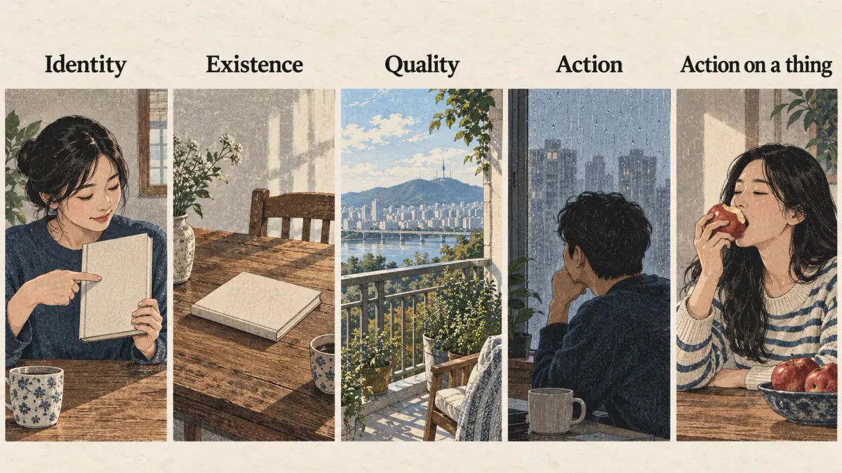 Five illustrated situations show identity, existence, quality, action, and action on a thing.