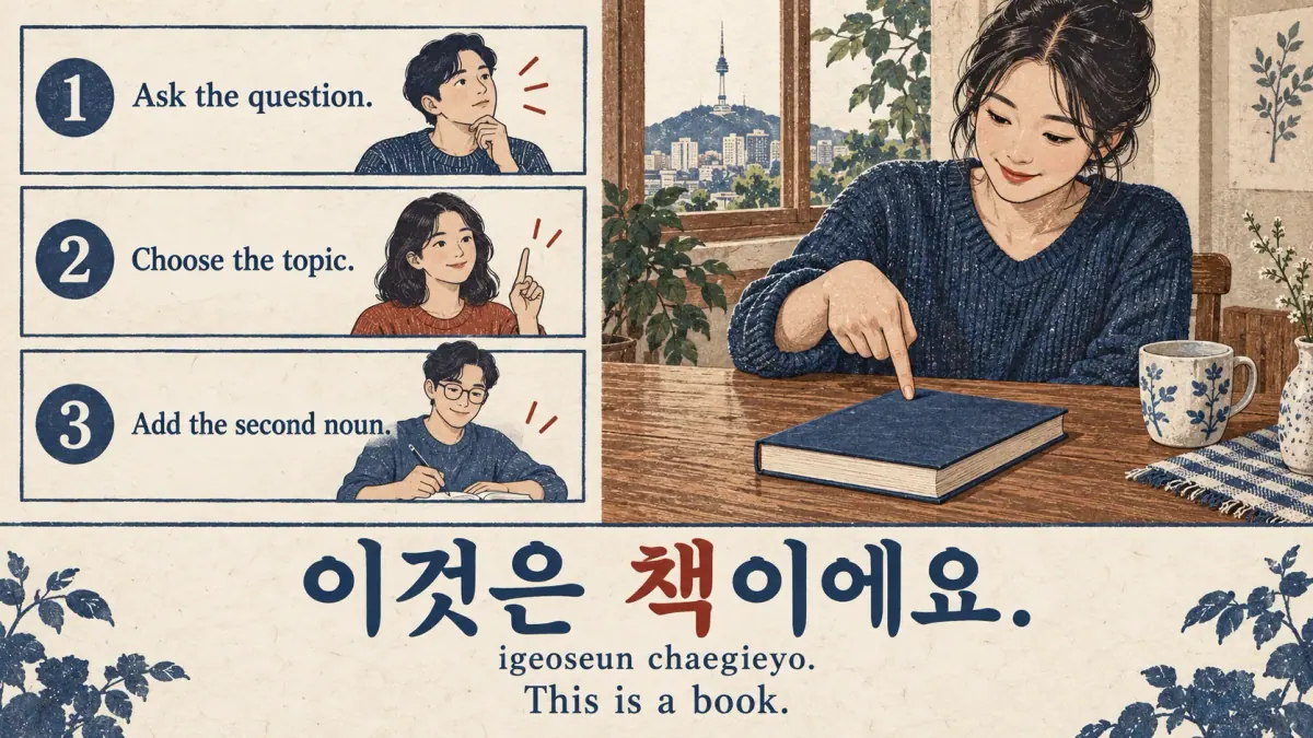 A pointing hand and book illustrate 이것은 책이에요. (igeoseun chaegieyo.), with three identity-building decisions.