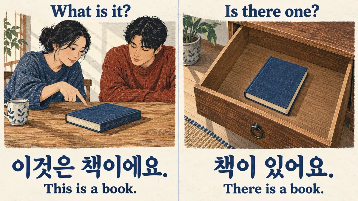 Book comparisons show 이것은 책이에요. for identity and 책이 있어요. for existence.