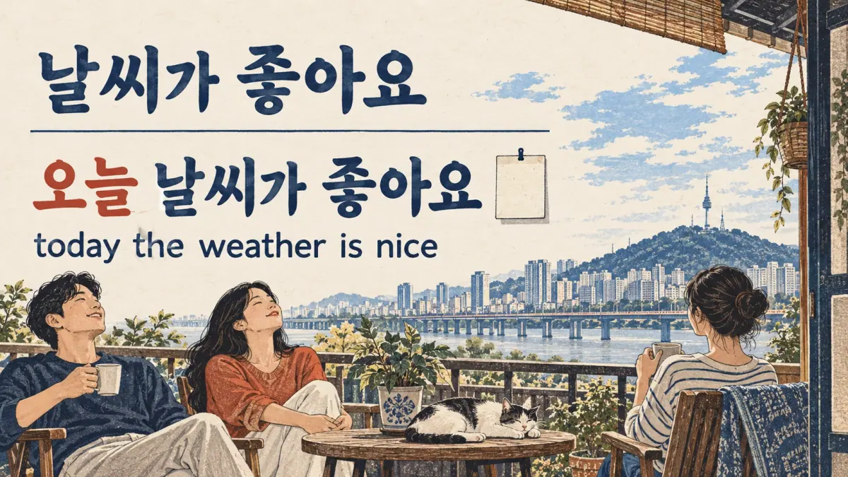 날씨가 좋아요 becomes 오늘 날씨가 좋아요 by adding a time word before the final predicate.