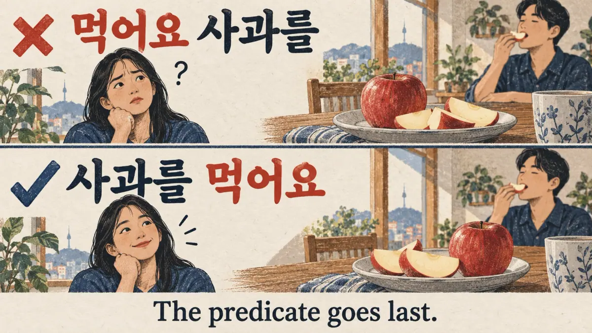 먹어요 사과를 is corrected to 사과를 먹어요 beside an apple; the predicate goes last.