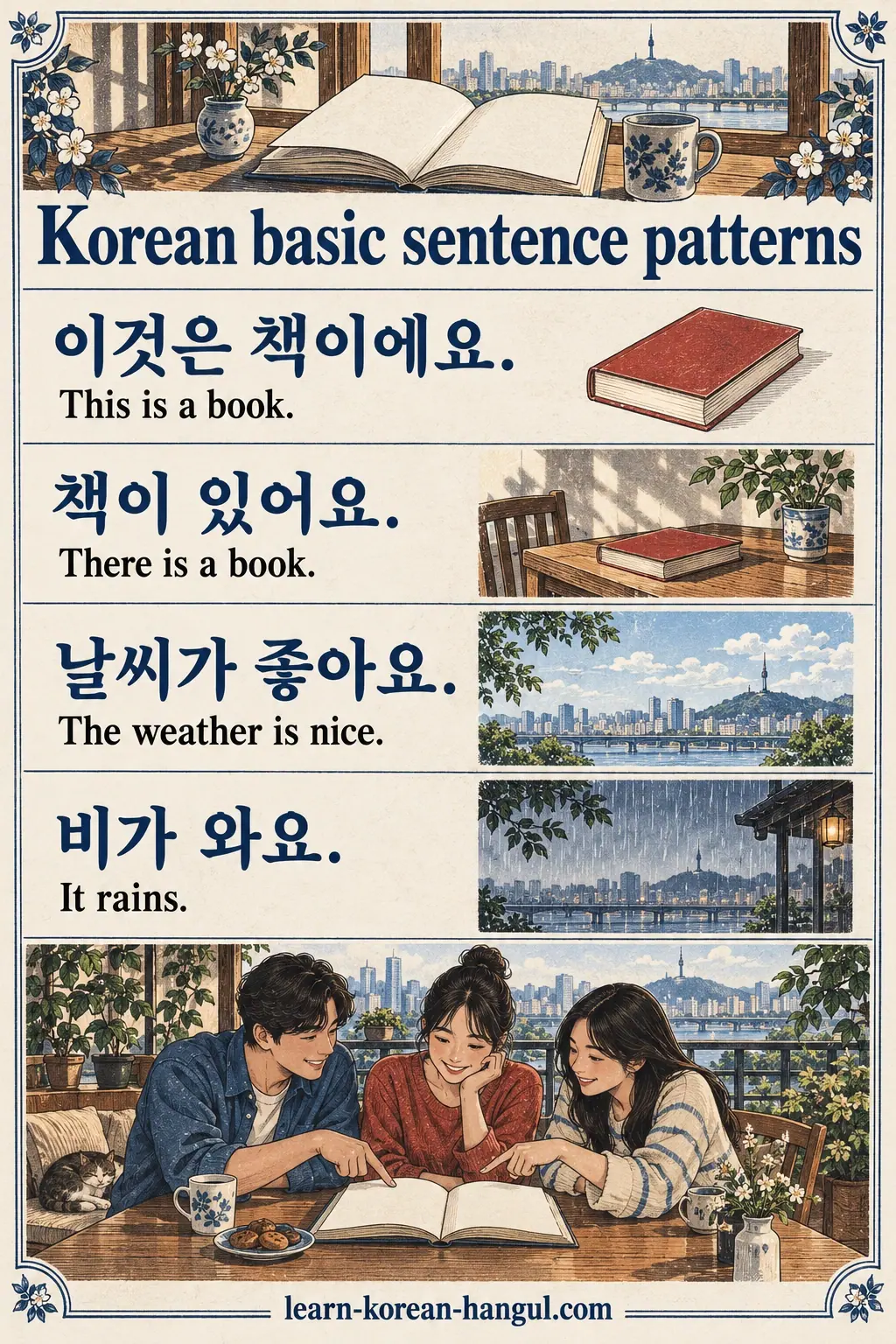 Four Korean frames: 이것은 책이에요., 책이 있어요., 날씨가 좋아요., 비가 와요., with book and weather illustrations.