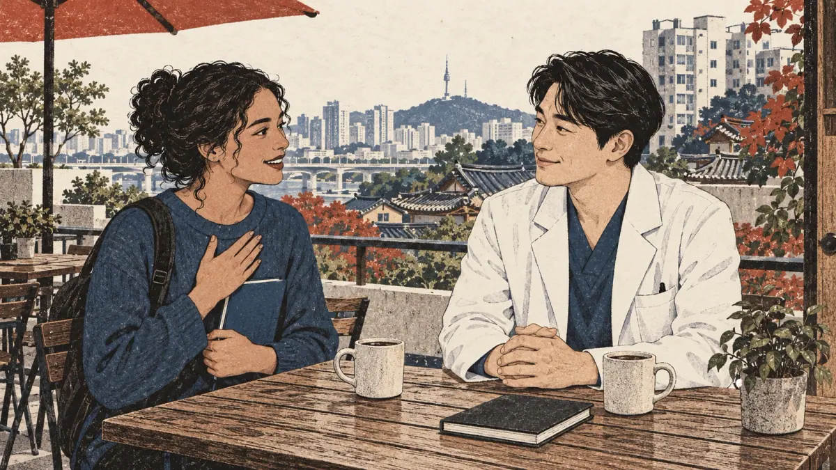 An adult student introduces herself to a doctor at a Seoul café terrace.