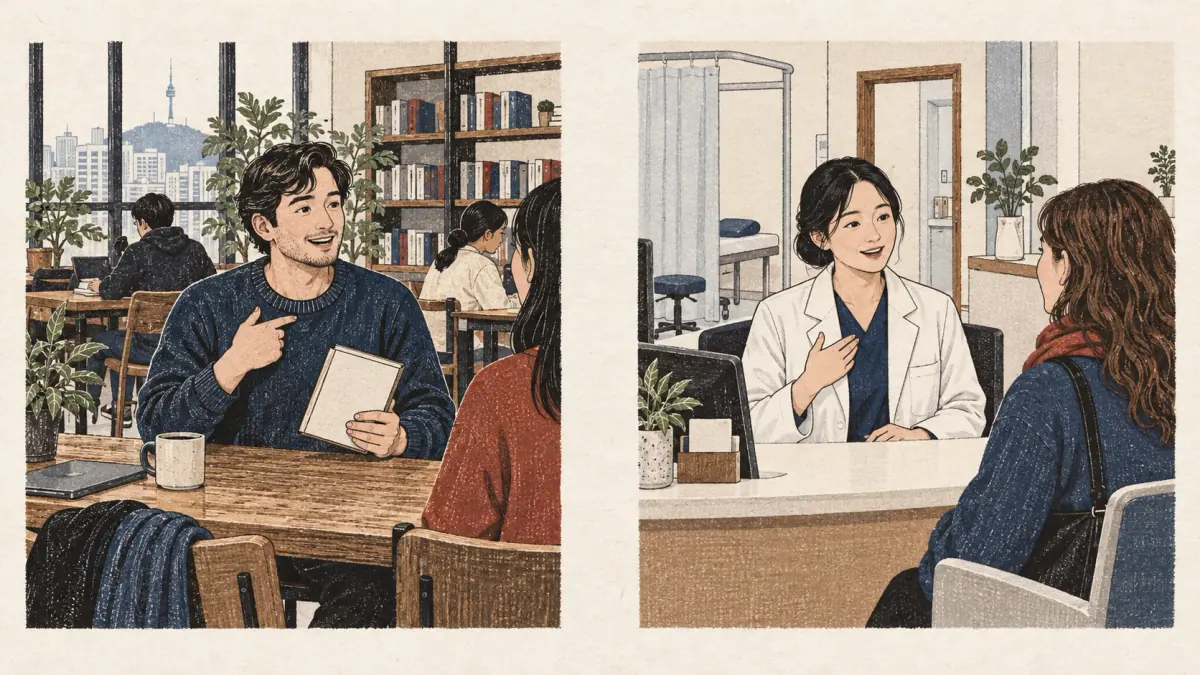 A student and a doctor introduce their identities in two everyday Korean situations.