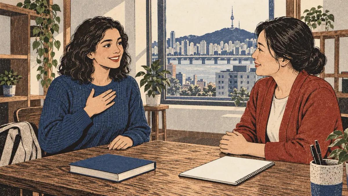 An adult learner introduces herself as a student to a teacher at a Seoul study table.